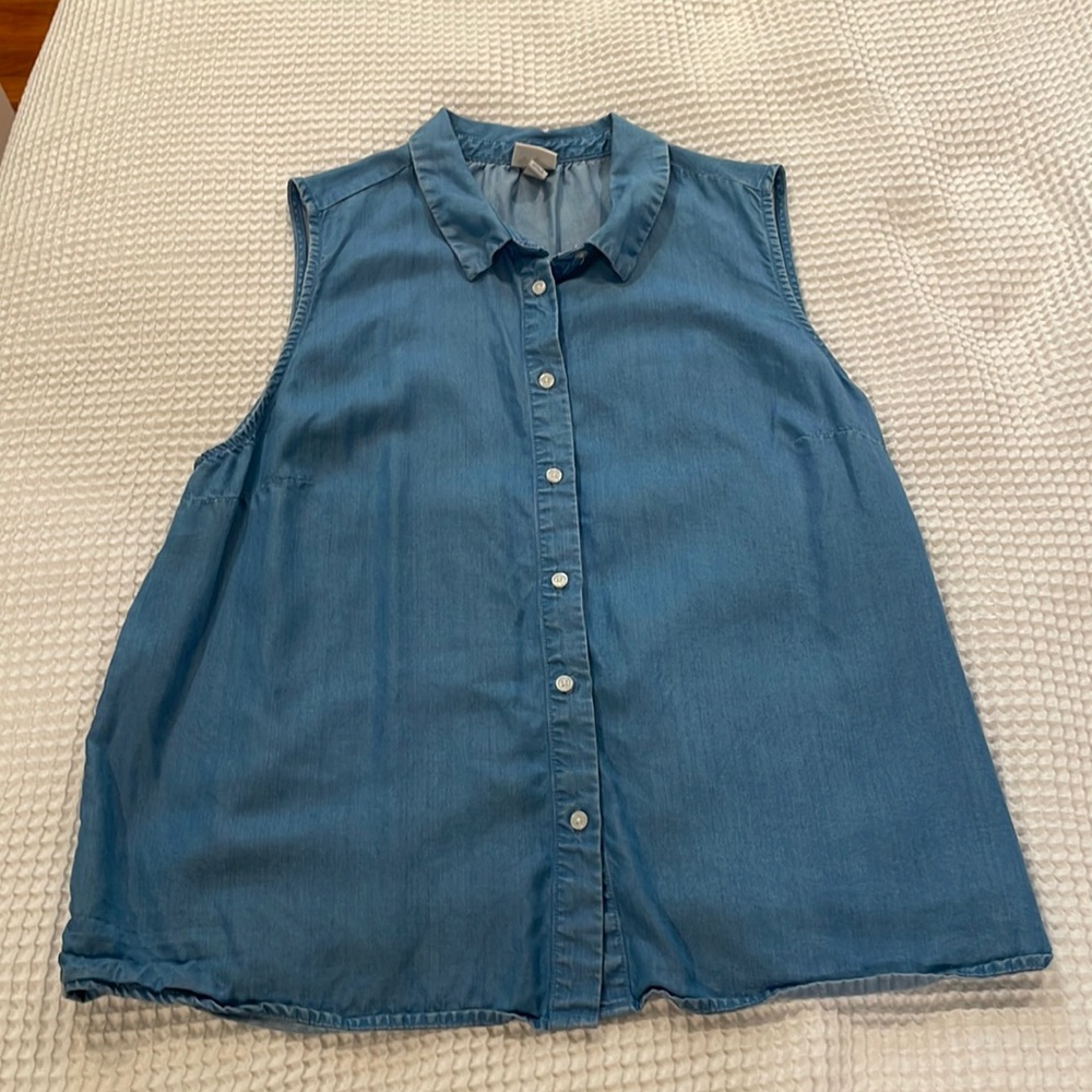 Sleeveless “Denim” Button Down